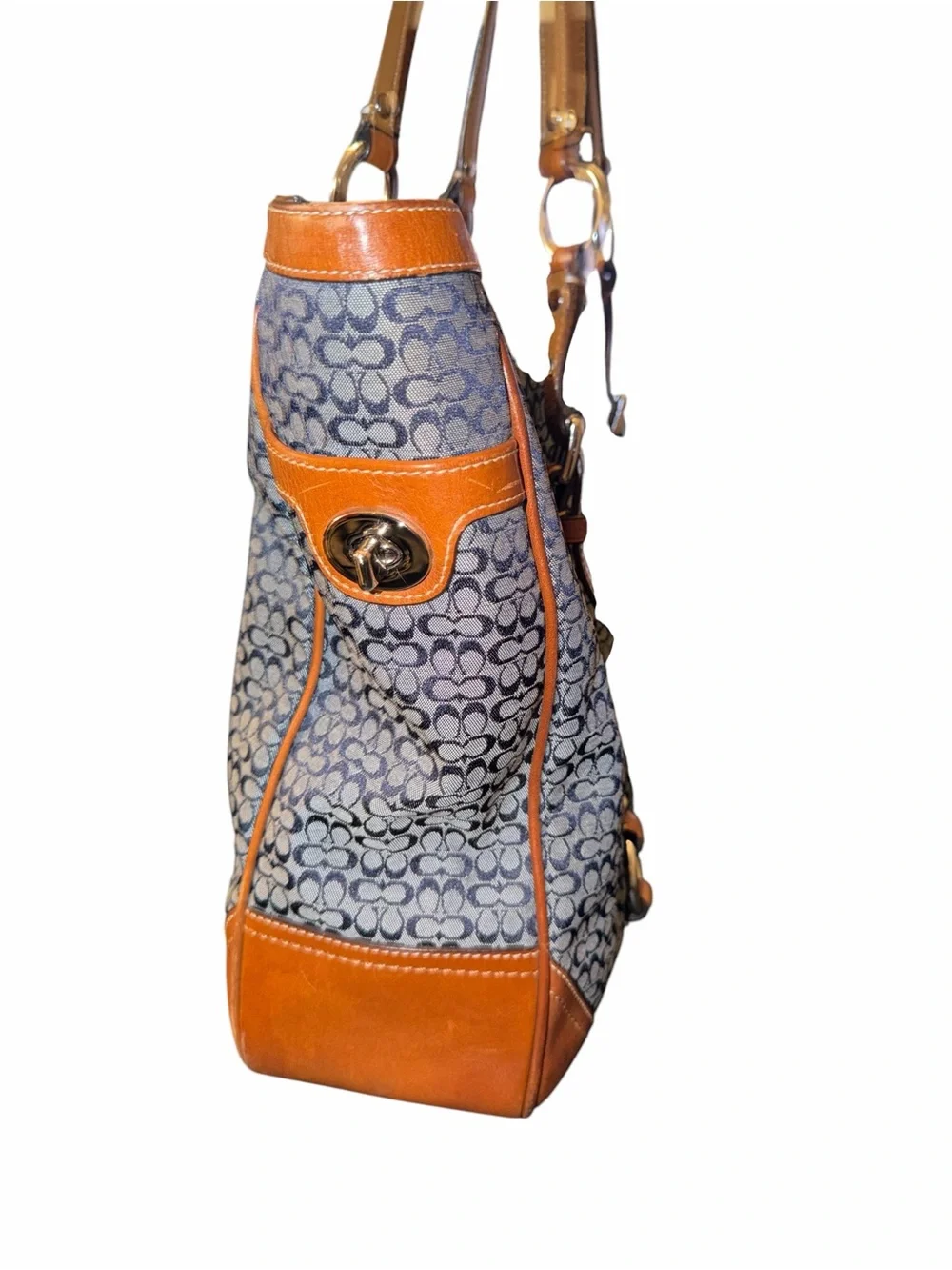 Vintage Coach Gallery Turnlock Tote Navy Blue Signature Jacquard